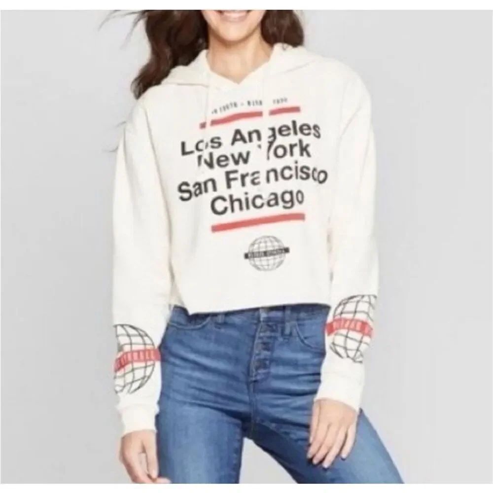 Mighty Fine Wander Eternal cropped raw hem sweatshirt city name graphic hoodie s